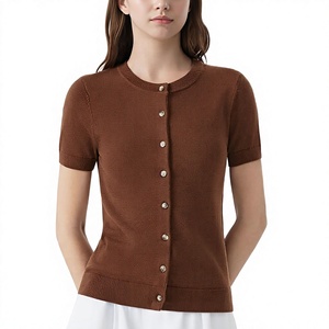 Cardigan en tricot décontracté 100 % coton pour femme, col rond, boutonné, manches courtes, coupe courte, style tee-shirt - Product Image 1