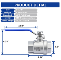 Válvula de bola de paso completo de 1-1/2'' NPT hembra de acero al carbono fundido de alta resistencia para tuberías de agua, aceite y gas con manija WOG1000 (2 piezas) OEM 650