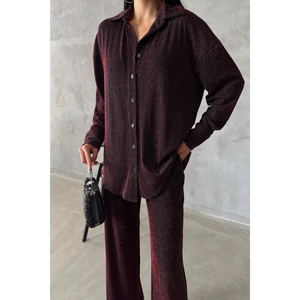 Ensemble décontracté 2 pièces scintillant bordeaux : chemise et pantalon assortis - Product Image 3