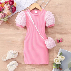 Abito a bolle manica corta per ragazze tessuto a maglia leggera con decorazione a bottone di piccole medie dimensioni per bambini tinta unita estate - Product Image 1