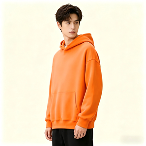 Men's Oversized Hooded <b>Sweatshirt</b> Solid Orange French Terry Casual Pocket Hoodie Regular Sleeve Autumn Wear - Product Image 5