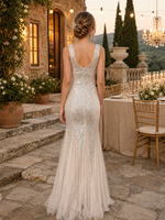 Robe de soirée sirène argentée à sequins, col en V, sans manches, avec empiècement en mousseline transparente et traîne, pour soirée formelle, vente en gros