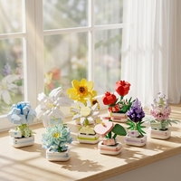 9 Pcs Set Blok Bangunan Mini Bunga dalam Pot Mawar Lily Daisy Lavender Model Tanaman dari Bata dengan Dudukan Kayu Dekorasi DIY Hadiah