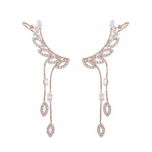 earring 307 xuping rose gold plated multi Zircon ear clip tassel earrings with leaf
