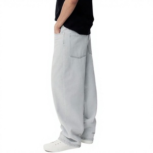 <b>Men's</b> Light Gray Harem Jeans Loose Fit Mid Waist Casual Cotton Pants With Patch Pockets Plus Size - Product Image 1