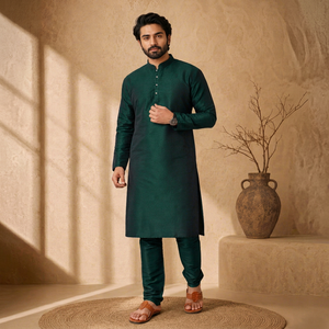 Premium Men's Dark <b>Green</b> <b>Silk</b> Cotton Kurta Pajama Set - Traditional Ethnic Wear for Festivals, Weddings & Parties - Product Image 1