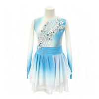 Robe de patinage et de danse dégradé bleu et blanc, manches longues en maille, dos découpé floral orné de strass, pour enfants et adultes, compétition et performance