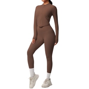 Tại Chỗ Cross-Biên Giới Thoáng Khí Màu Rắn Hai Mặt Cộng Với Kích Thước 2-Mảnh Thiết Lập Dài Tay Áo Chặt Chẽ Chạy Tập Thể Dục Yoga Phù Hợp Với Phía Trước - Product Image 5