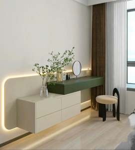 Commode minimaliste en teck personnalisée avec miroir éclairé à panneaux - Meubles de chambre à coucher pour coiffeuse et tables de maquillage - Product Image 1