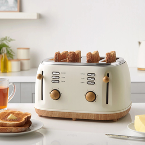 <span class=keywords><strong>Grille</strong></span>-<span class=keywords><strong>pain</strong></span> automatique 4 tranches en acier inoxydable <span class=keywords><strong>et</strong></span> finition texturée <span class=keywords><strong>bois</strong></span>, <span class=keywords><strong>blanc</strong></span>, réglages de brunissage larges, décongélation, réchauffement, levage élevé, occasion - Product Image 5