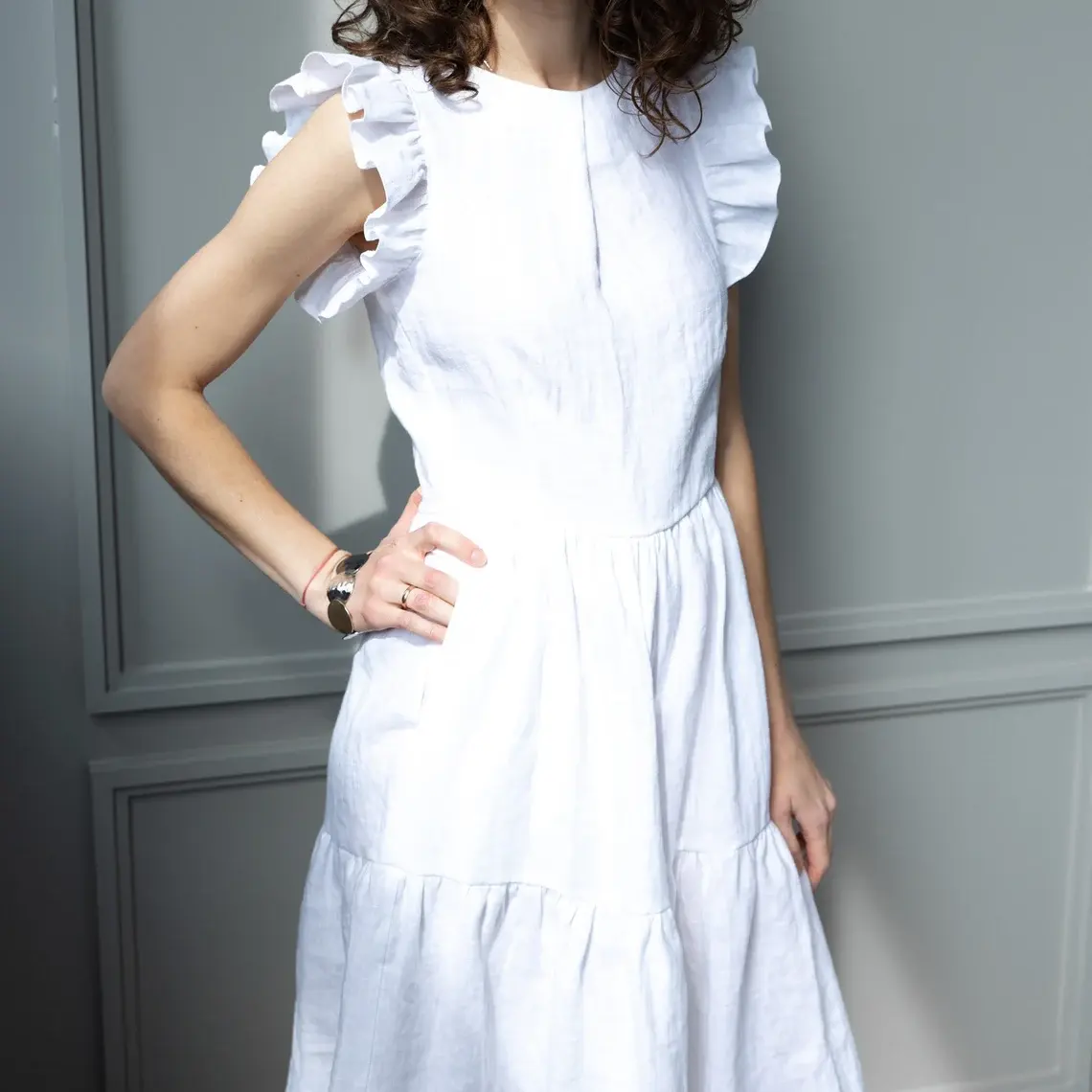Customizable White Linen Medium Length Dress With Pockets Flowing Butterfly Sleeve Linen Dress