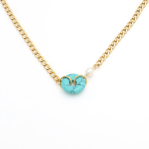 Stainless Steel Pearl Cuban Chain Natural Stone Pendant Necklace Women's Jewelry Round Turquoise Green Pink Gift Fashion - Product Image 5