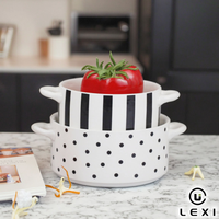 Tazón de Cerámica Ecológico LEXI con Diseño de Puntos, Asas Laterales, para Servir Ensaladas, Frutas, Apto para Freidora de Aire, Vajilla para Cocina y Mesa