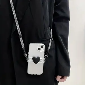 Schwarz 3D Love Handytuch Rückenaufnäher Schnüre Farbe Handseil Nacken verstellbares Anti-Fall-Handyband