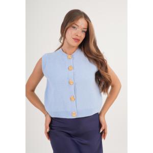 Gilet tricoté sans manches bleu ciel pour femme, style bouton escargot, 100 % acrylique - Product Image 5