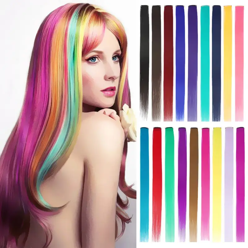 Wholesale 22inch Colorful Clip In Hair Extension Ombre Highlight Wig Long Straight Synthetic Hairpiece Clip