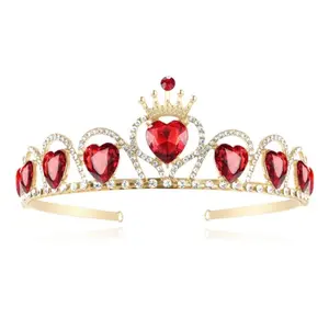 Red Heart Tiara Rhinestone Crown Headdress Queen of Hearts Gold Crown For Girls Wedding Parties Valentines' Day