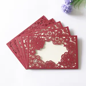 Deep Red Laser Cut Floral Pocket Greeting Cards with Envelope Customized Party Wedding Invitation Cards