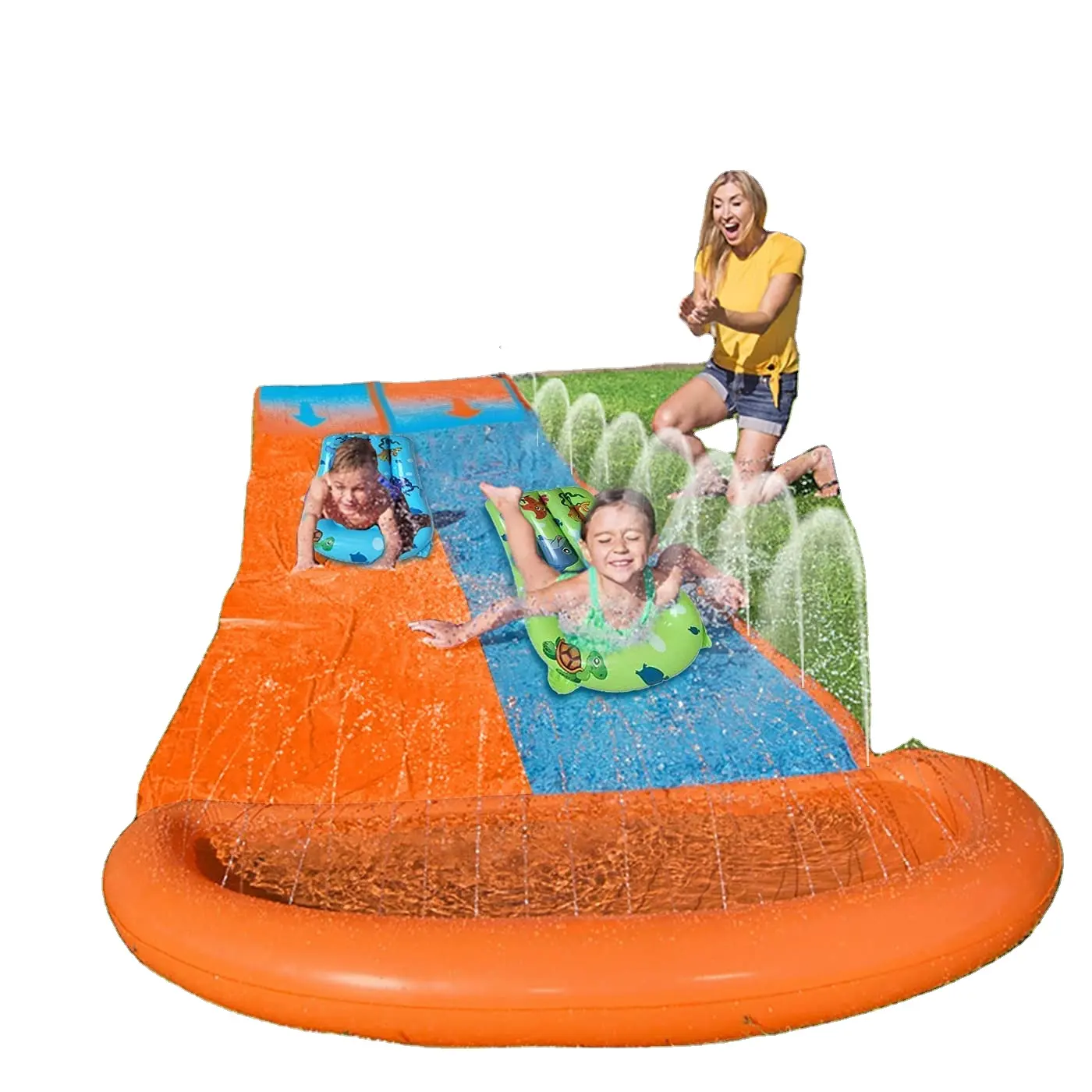 Doppio scivolo gonfiabile gonfiabile per i bambini con due bodyboard e sprinkler gioco di divertimento dell'acqua del cortile