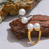 Nouvelle Arrivée XY 4483 – Bague Double Perles Simulées Exquises en Acier Inoxydable, Ouverte et Ajustable pour Femme, Idéale comme Cadeau Bijou