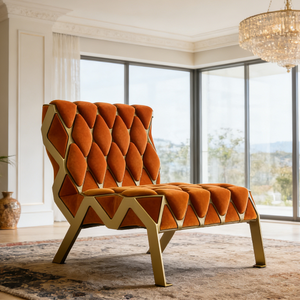 <span class=keywords><strong>Fauteuil</strong></span> <span class=keywords><strong>d</strong></span>'<span class=keywords><strong>appoint</strong></span> créatif nordique géométrique en tissu safran, base en acier doré, mobilier <span class=keywords><strong>d</strong></span>'hôtel - Product Image 5