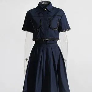 New style collar short sleeved shirt+high waisted mid length skirt with lace embroidery two-piece set for women