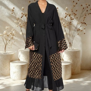 Luxury Golden <b>Sequin</b> Mesh Open Abaya Long Sleeve High Quality Nida <b>Sequins</b> Muslim Abayas Dress 2 Colors 1863# - Product Image 2