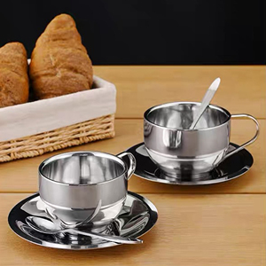 Taza de Café Estilo Coreano al por Mayor, Taza de Doble Capa de Acero Inoxidable 304 para el Hogar y la Oficina con Juego de Plato y Cuchara - Product Image 2