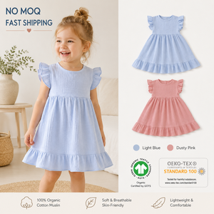 Vestito Estivo per Bambina <span class=keywords><strong>in</strong></span> <span class=keywords><strong>Cotone</strong></span> Organico 100% con Maniche a Volant e Orlo Arricciato, Senza Quantità Minima d'Ordine - Product Image 2