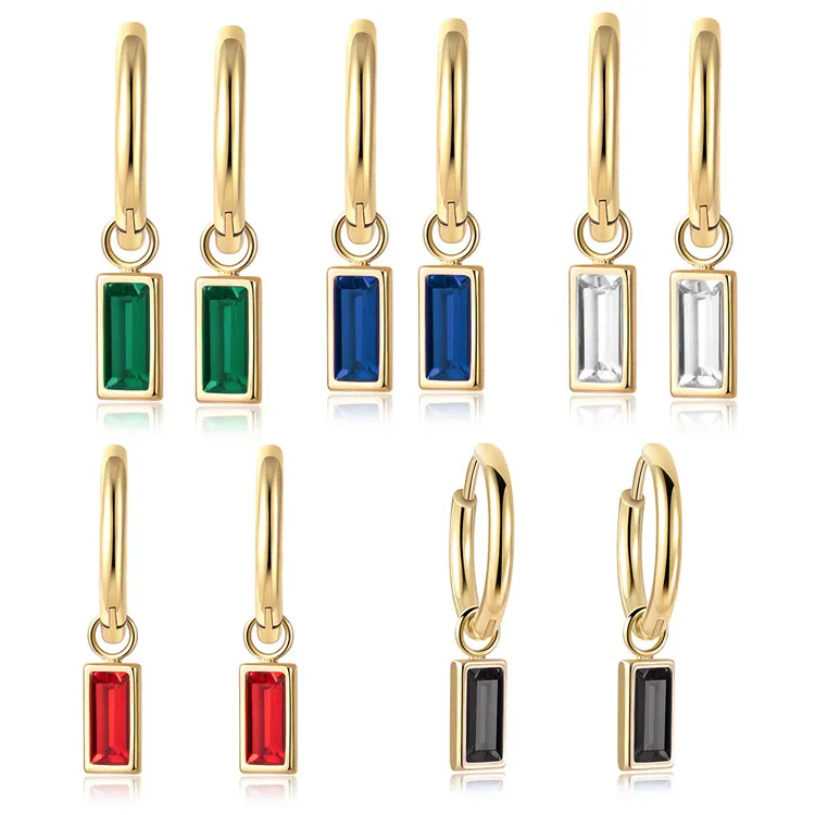 G1808 Women Simple 14K Real Gold Plated Titanium Steel Hoop Huggie Earrings Jewelry Emerald CZ Rectangle Zircon Drop Earrings