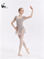 Maillot de Ballet Gris para Niñas Anna Shi con Falda de Malla, Manga Corta, Ropa de Práctica de Danza, Maillot de Gimnasia para Niñas