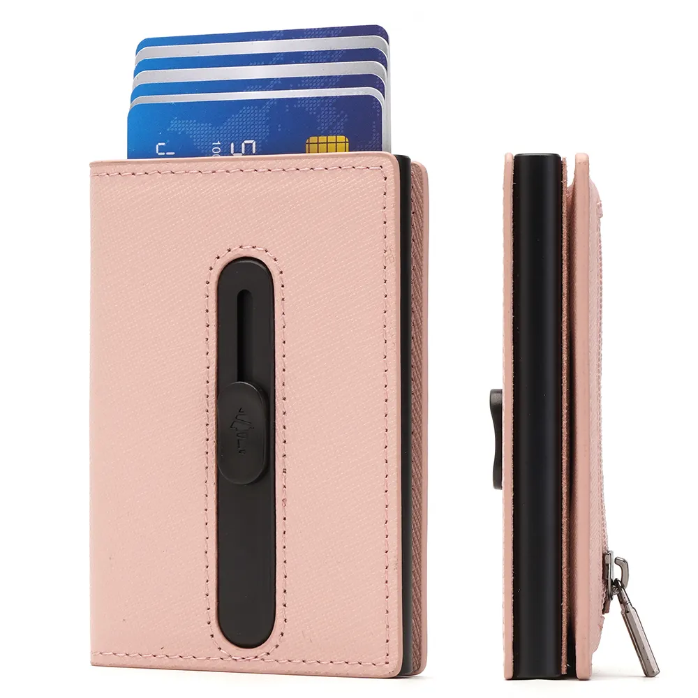 Nuovo Design 2024 RFID blocco sottile in alluminio portafogli con pelle per gli uomini portafoglio porta carte di credito