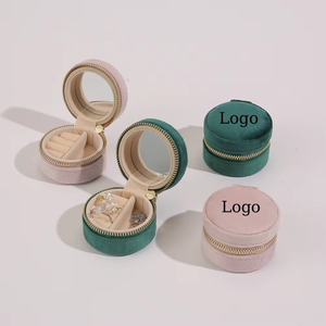 ELE QUEEN Modern Custom Logo Round Velvet Travel Jewelry <b>Box</b> Zipper Mirror <b>Mini</b> Luxury <b>Storage</b> Case for Rings Necklaces Earrings - Product Image 3
