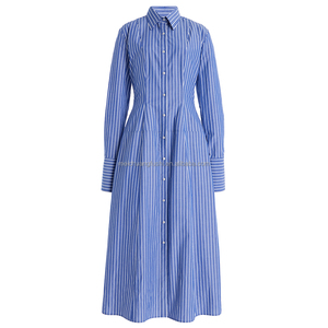 Robe chemise midi en coton personnalisée pour femmes, manches longues, robes rayées - Product Image 3