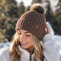 Bonnet en tricot à revers couleur mélangée, style forêt vintage, avec pompon en fausse fourrure, chaud et décoratif, pour le ski, les activités de plein air, les voyages et le quotidien