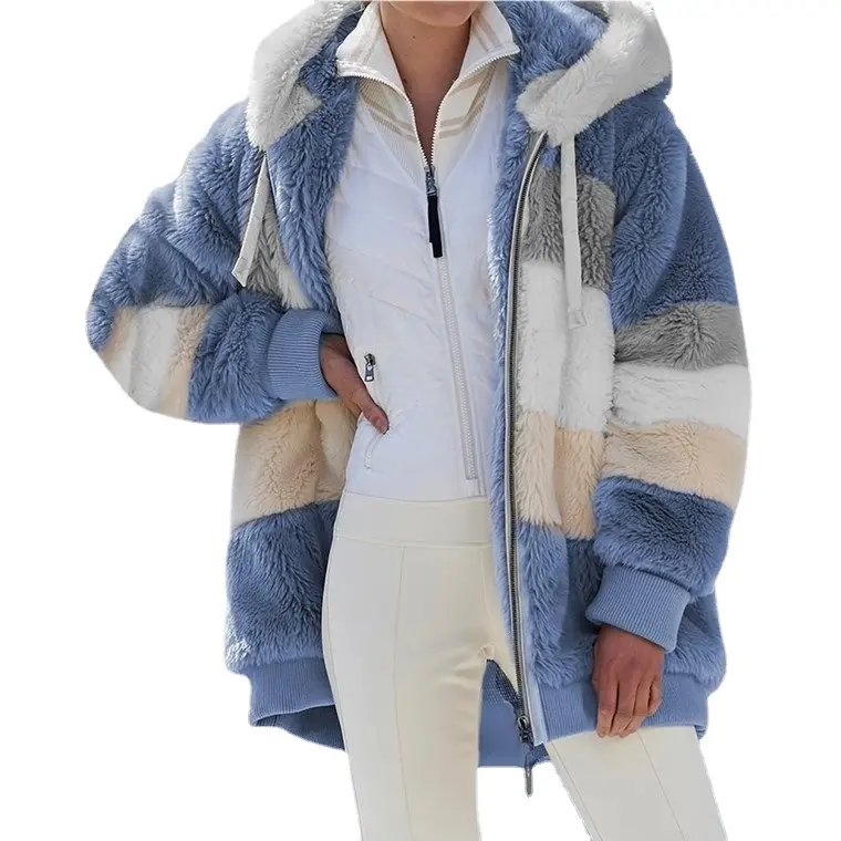 2022 Winter Warm Women's Jacket Plush Patchwork Zipper Women's Coats Casual Hooded Loose Jacket For Women