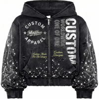 Sweat-shirt à capuche rétro délavé orné de diamants, personnalisable avec une veste à capuche imprimée, haut de sport tendance