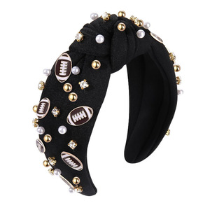 Serre-têtes en tissu sur le thème du football pour femmes, décorés de perles noires et blanches et de strass, accessoires de mode pour cheveux - Product Image 4