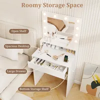 Table de toilette avec grand tiroir et étagères ouvertes offrant un espace de rangement ample