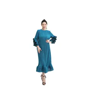 Miyake Casual Plissee Kleid Frauen Langarm Mini Länge Blau Menge Custom Modest Spandex Silhouette Anti Rayon Long Maxi