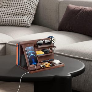 Regali per Uomini che hanno <span class=keywords><strong>tutto</strong></span>: Stazione di ricarica in legno per telefono, portachiavi, porta portafoglio, supporto per orologio, organizer da comodino - Product Image 1