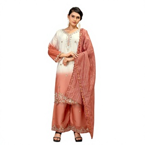 Salwar Kameez de algodón para mujer con dupatta bordada en diseño ombré blanco y morado para uso casual. - Product Image 1