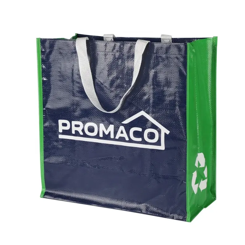プレミアムプロモーションパッケージショッピングスーパーマーケットリサイクル防水トートグリーンラミネートPP織りバッグ