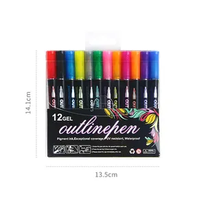 Kartu hadiah pena 12 warna double outline pen Set menggambar tangan untuk hadiah kaca keramik Rock Metal Art Marker