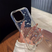 Luxe Arc Strass Garniture Paillettes TPU Téléphone étui pour iphone 17 16 15 14 12 Pro Max Diamant Lentille Bordure Couverture Girly Mignon Conception