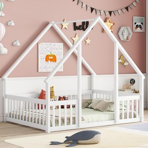 Детская кровать-домик Bellemave Modern Full Size из дерева для девочек и мальчиков с ограждением, белая - Product Image 3