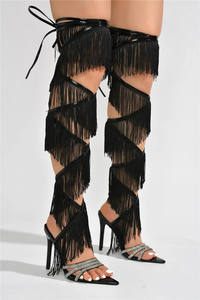 Sandalias por encima de la rodilla con borlas para mujer, zapatos con cordones y cristales puntiagudos, Sandalias de tacón alto sexis para fiesta - Product Image 2