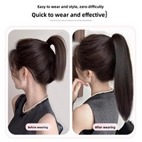 Queue de cheval à clipser en cheveux naturels lisses, base en cuir, volumisante, peut être attachée haut/bas, petite élastique