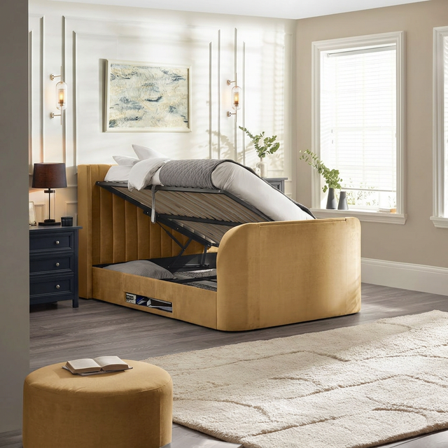 Bedroom Furniture Double Queen Size Lift up Storage Upholstered Smart Cloud Bed Frame Ottoman Velvet Beds with TV