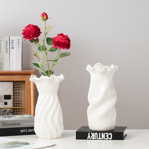 Vase en céramique blanc émaillé minimaliste de qualité supérieure à large ouverture avec fonction hydroponique pour la présentation de fleurs séchées ou fraîches dans le salon - Product Image 2